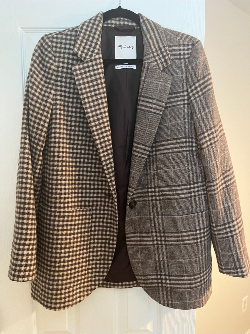 Madewell Mixed Plaid Wool-Blend Blazer in Brown & Cream